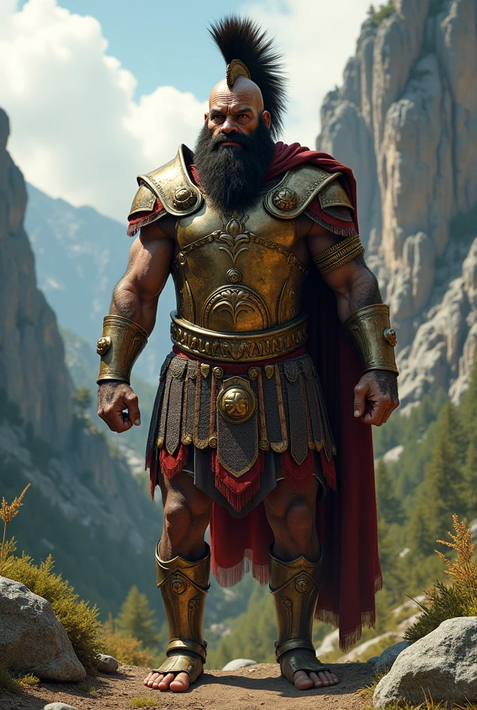 Sculpted hero, upper body uncovered, legs exposed from thighs to feet, bearded with beaded facial hair, luxuriant long curls, intricate muscularity, photorealistic portrayal, 4K resolution. Background: Epic battlefield with ancient ruins.,32k uhd, best quality, masterpiece, super detail, high details