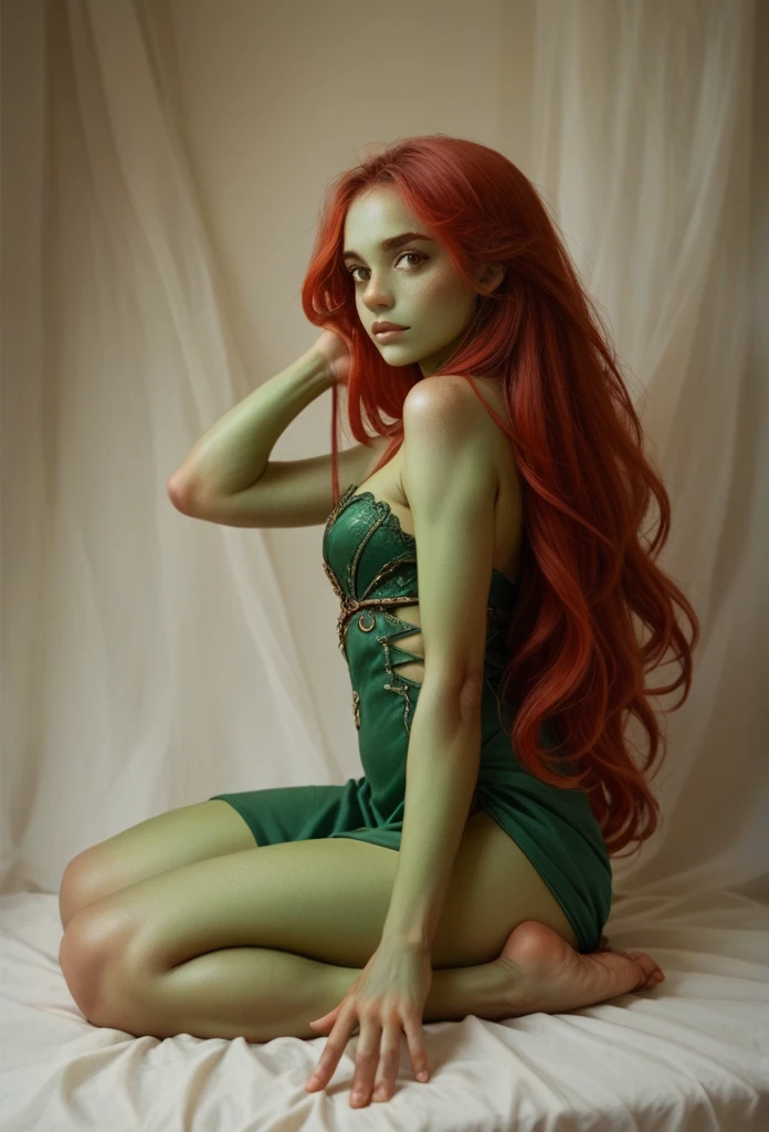 独奏, Long Hair, 1 girl, 2, green skin, Red hair, sitting, full shot, brown eyes, green_skin, (phi_outfit)