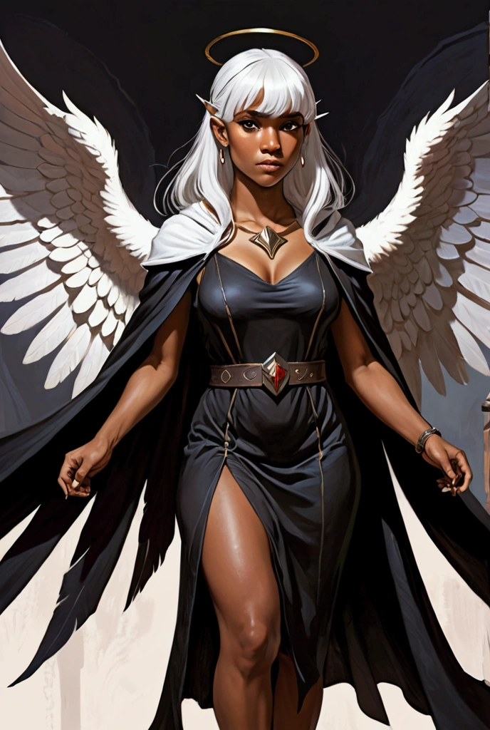 an angel brown skin woman, white wings, black dress, black cloak, long straight, white hair, Baby Bangs.  (dungeons and dragons art), (fantasy), (defined lines), (flat saturated colors), (cinematic composition), (perspective), (scketch style)