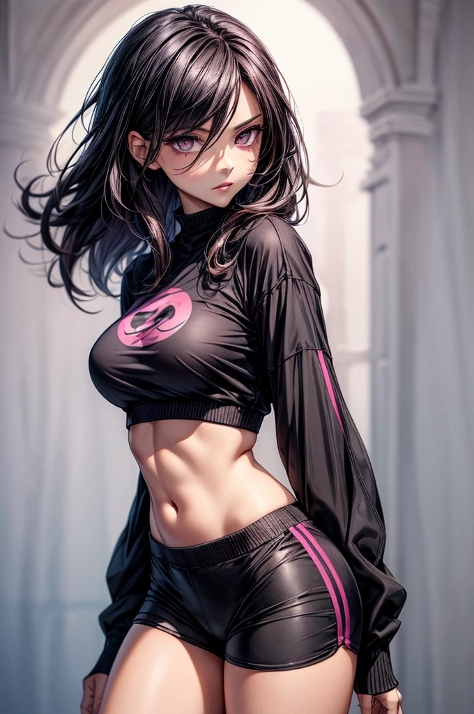 ((highest quality)),(ultra high resolution),(Super detailed), (best work of art), (ung girl:1.5), beautiful and well-shaped face:1.5,(Beautiful skin with precise and detailed depiction:1.6),(sports bra and waist band nylon shorts ),gorgeous, masterpiece, best quality, high-resolution, finely detailed, extremely detailed and beautiful, distinct-image, hourglass figure,, 1 girl, 1 teen, solo, sharp facial features, oval shaped face. cherry red lips,. velvet-colored eyes, C-cup breasts, tall height(175cm), slim curves, toned body type, flowing waist length ink-black dark violet hair, small narrow waist, long and slender legs, curvy wide hips, modern athletic setting, lightly tanned white skin
