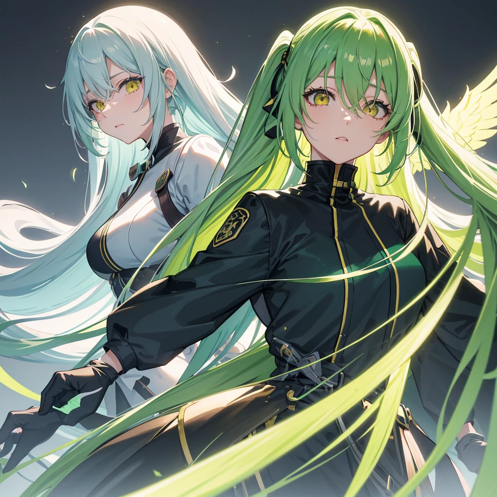 Bangs covering the eyes, 傑Pastel green long twin tails, Yellow Eyes, Long Bangs, Making anime，Highest quality, Highly detailed face，Straight hair, {{{Large mechanical wings spread on both sides.}}}, （pastel colour：1.2，Dark studio，Edge Light，Two-tone lighting，that&#39;dim，base，),Combat cyborg, {{{{{bangs that cover one eye}}}}}, {{{{{Woman illustration}}}}}, 8K quality, Highest quality, masterpiece, Kind woman, Dark atmosphere, Pastel green long twin tails, Yellow Eyes, Long Bangs, A scene from a science fiction movie,Cyborg Woman, A full-body green armor, {{{{{Wearing a pastel green mech suit}}}}}, Sadistic smile, Against a backdrop of an elaborate mechanical city、Details of a ruined future city, Smiling Kindly, 7 Head to Body, Shut your mouth.,Proud face, Detailed Background,Maximum details,Full body illustration, Has a beam weapon, Phantasy Star Online,Narrow eyes,30 years old, In combat,White Long Boots, avert your eyes, White cape from the waist,{{{Asymmetrical hairstyle}}},