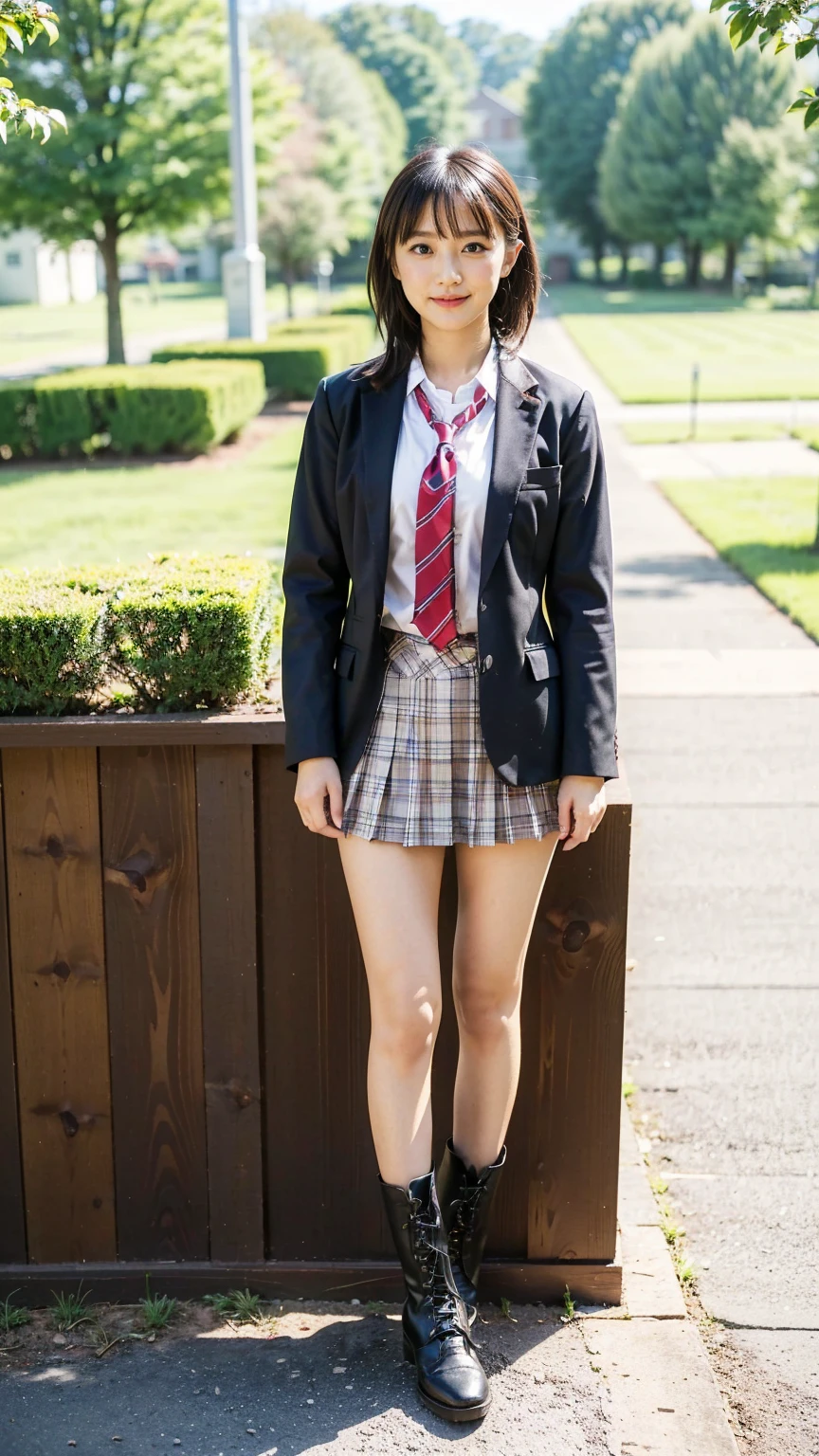 (8k、RAW Photos、Highest quality、masterpiece:1.2)、(Realistic、Realistic)、1 person、((blazer、Schoolgirl uniform、shirt、tie、チェックmini skirt、Medium Hair、mini skirt、Thin legs、boots、View from the front、Looking into the camera、garden、Stand with hands on hips))、cute