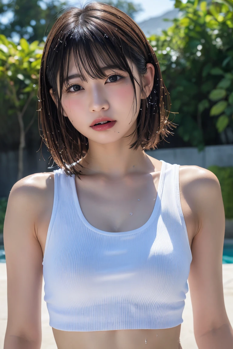 (Girl in the pool in summer、17-year-old bends forward and lifts her chest)、Blue sky and outdoor pool、(Realistic、Like a photograph、Live Action、8k, Realistic, RAW Photos, Best image quality: 1.4), Single-lens reflex camera、RAW Photos, Highest quality, Realistic, Very detailed CG Unity 8k wallpaper, Written boundary depth, Cinematic Light, Lens flare, Ray Tracing, Realistic background、(Wearing denim shorts、Wearing a T-shirt:1.5、I can see your belly)、((Ultra-dense skin))、Cute Japan Girl、((whole body:1.5)，smile、(Silver Hair、Silver short hair:1.5)、I like that style、stylish、Very detailed、Pay attention to the details、Perfect outfit、(Sunburned skin)、Beautiful legs:1.1，Accurate body、Anatomically correct body、Detailed feet、Accurate fingering、Super detailed face、Side view