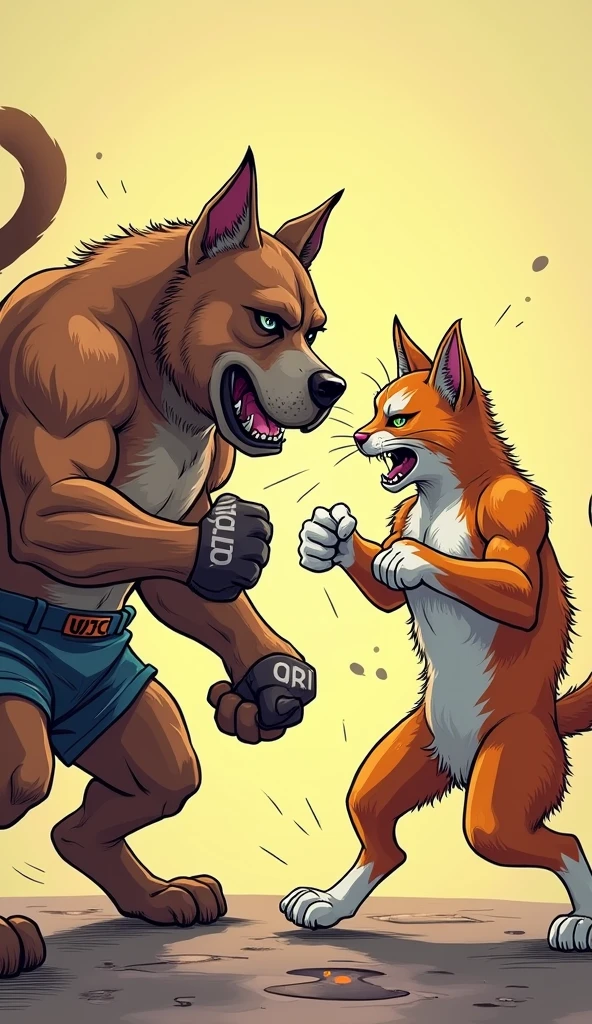 2d art, anime, best quality, wide shot, duo, a female wolf, grey snout, black nose, brown eyes, short short Mohawk hair, wolf ears, muscular sport body, scars, action pose, grin, punching, hand throw, BREAK a female cow, white snout, black nose, brown eyes, long styled hair, cow ears, cow horns, (cow spotted skin, cow skin pattern), muscular body, big breasts, scars, action pose, grin, punching, hand throw, BREAK wearing black UFC athletic top, black short UFC shorts, wearing UFC black gloves, grabbing her wrist, in a UFC gym, simple background, [by Alex Timmermans:by jaynaylor:0.25], detailed background, detailed foreground, depth of field, ambient silhouette, backlighting,


