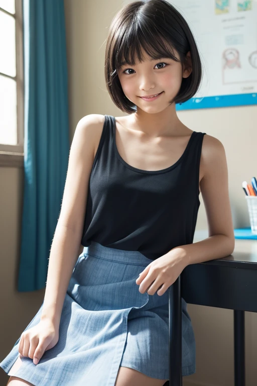 One Girl, short hair,Black Hair,smile,Inside the room, summer,bed,Sit down,Tank top,button,skirt,,Small cleavage,Look at this,transparent, (masterpiece, Highest quality), Soft Light, Structure of the film, Information like a movie
