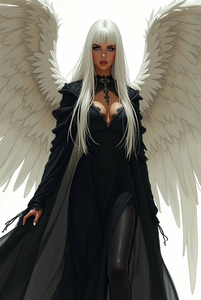 an angel brown skin woman, white wings, black dress, black cloak, long straight, white hair, Baby Bangs.  (dungeons and dragons art), (fantasy), (defined lines), (flat saturated colors), (cinematic composition), (perspective), (scketch style)