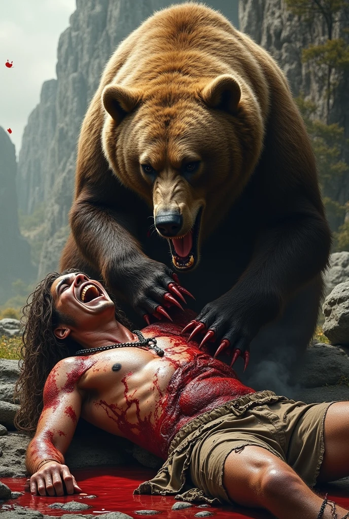 there is a man kicking a bear in the woods with blood on his body, 4k art, wojtek fus, 8k stunning artwork, jerome powell punching a bear, intense fighting, super realistic painting style, fighting scene, epic fight scene, 8 k ultra realistic animal, fight scene, epic fight, angry 8 k, 4k post, 4 k post, masterpiece, best quality:1.2),,(8k,highres,RAW photo,realistic,photo-realistic:1.3),(detailed skin texture,detailed cloth texture,beautiful detailed face:1.25),professional lighting,photon mapping,beautiful soft light,radiosity,physically-based rendering,raytracing, model shoot style, model shoot style, (extremely detailed CG unity 8k wallpaper), full shot body photo of the most beautiful artwork in the world