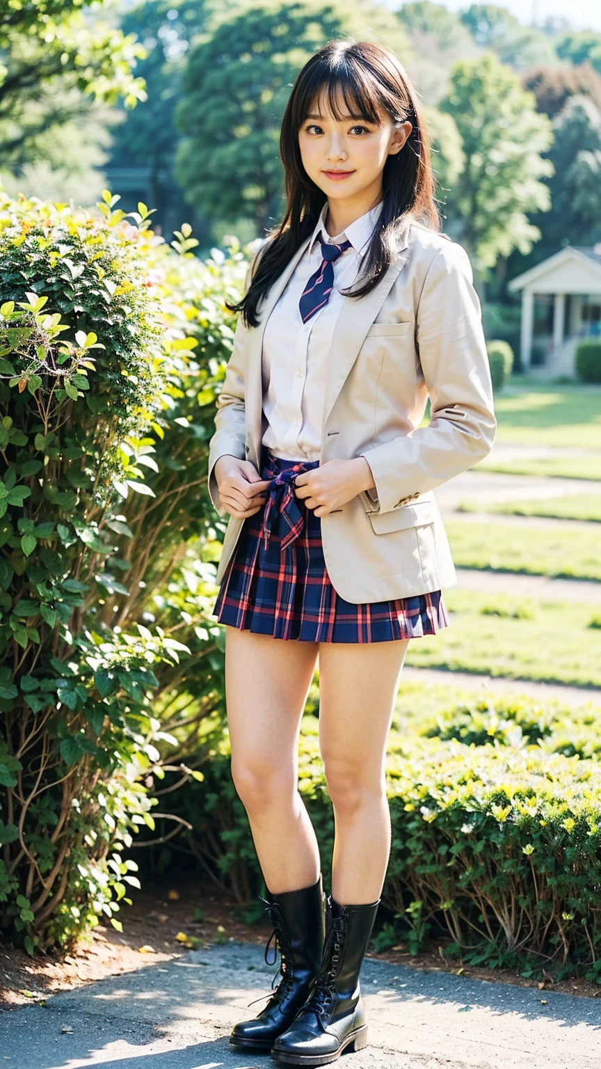 (8k、RAW Photos、Highest quality、masterpiece:1.2)、(Realistic、Realistic)、1 person、((blazer、Schoolgirl uniform、shirt、tie、チェックmini skirt、Medium Hair、mini skirt、Thin legs、boots、View from the front、Looking into the camera、garden、Stand with hands on hips))、cute