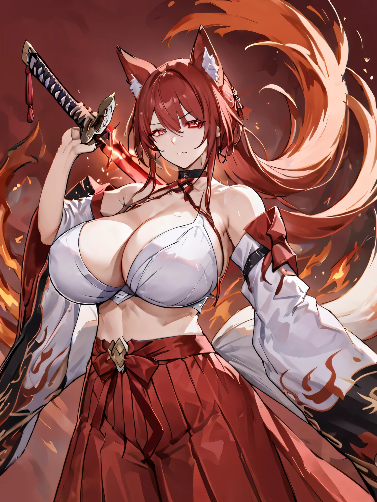  8K Best quality Masterpiece Close Red long ponytail Red fox ears Nine-tailed fox Very large breasts Red eyeshadow on lower eyelids Five fingers Alluring Japanese style Kimono Wearing a red jacket Long hakama Toned body Flame hell Japanese sword with a red blade burning red Fighting Burning background Drawing the sword Samurai Fighting with a Japanese sword One-sword style Flame hell Wrapped in lightning Wrapped in flames Alluring Little exposure Kimono Long skirt Upper cut Nine-tailed fox Older sister Explosive flames Crimson flames Japanese style background Intense fighting Bankai Special move