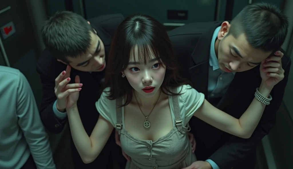 (32K:1.9, Horror depictions:1.9, Highest quality, masterpiece, Ultra-high resolution, Professional random angle camera work:1.5, Very detailedな肌と顔の質感:1.4), Always accurate, Very detailed, bag, (Cute Japanese Woman, Camisole dress and cardigan:1.6, Incredibly slim body:1.3, areola is not visible:1.4, Big breasts on the verge of collapse), ((Crowded train:2.0, Crazy behavior:1.9, in the train、Two middle-aged men hugging a woman from behind:1.7)), belt, Fair skin, elegant, sense of cleanliness, Thin eyebrows, (cry:1.0, Puzzled:1.0, A look that shows deep contempt for you:1.0, Big eyes that exude beautiful eroticism:0.4, Open your mouth a little, lipstick, Feel the beautiful eroticism:1.0, Dark brown medium hair), Earrings, necklace, bracelet, romantic, mysterious, Object of admiration, original, dramatic, artistic, Innovative, charm, Heartful, Fancy, Tilt, sense of loss, special, ((exciting, Extreme, sense of openness, suffering, sufferingの表現)), ((Mistakes of Youth, 女性的なcharm))