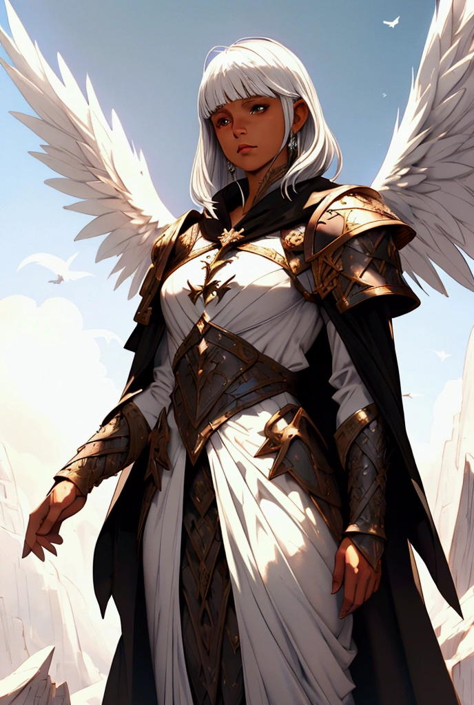 an angel brown skin woman, white wings, black dress, black cloak, long straight, white hair, Baby Bangs.  (dungeons and dragons art), (fantasy), (defined lines), (flat saturated colors), (cinematic composition), (perspective), (scketch style)