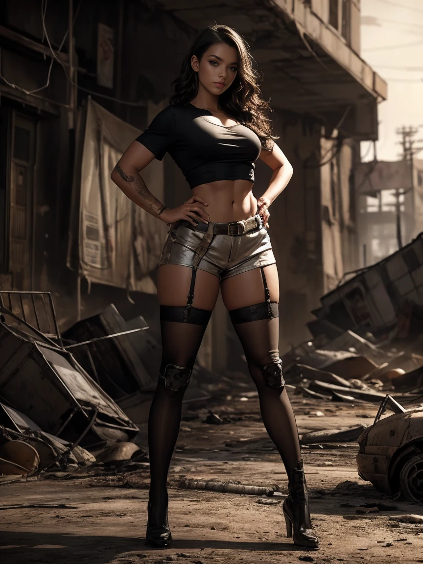 In the year 2076, within the desolate urban ruins of the wasteland, a fierce female huntress can be seen delicately picking fruit in a secluded garden. Her countenance is remarkably beautiful, with a face that captivates with its alluring charm. Despite the harsh conditions she faces, her torn shirt and denim shorts accentuate her resilience, while her long legs display her athleticism and grace. As she toils under the scorching sun, beads of sweat glisten on her skin, serving as a testament to her determination. The rising sun casts a warm glow, enveloping the scene in nice, inviting colors. A head-to-toe full body shot captures the huntress in all her glory, embodying a striking