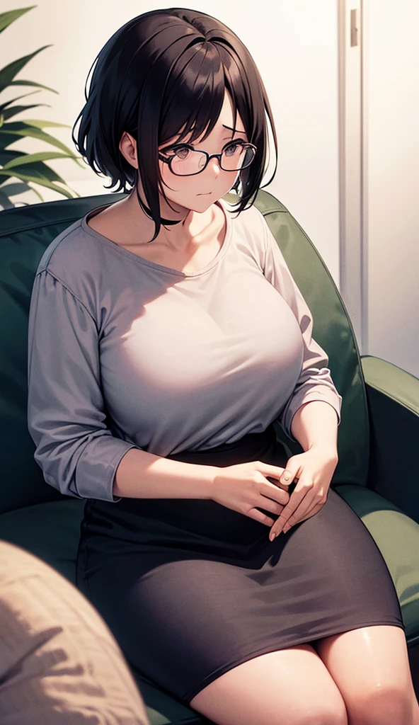 mature woman, hair over one eye, golden eyes, Tomboy, sitting on the ground, black turtleneck sweater, looking at viewer, bed, black short hair with a ponytail, books lying around, bedroom background, round glasses, bags under eyes, tired, reading a book, shy, solo