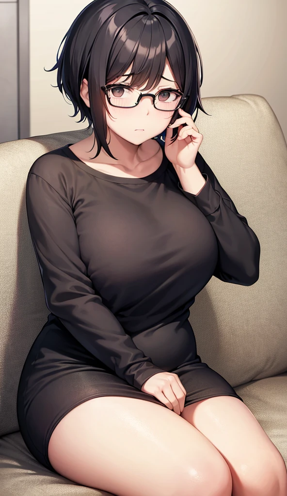 （（super high quality,Ultra-high resolution,16K,super masterpiece,Ultra HD ,Detailed shading））,Dimly lit bedroom,Full body photo,sexy mother,40 years old,Waist 85cm,Lying naked in bed,Unbuttoned dress shirt,popped Tight collar,Cleavage,Long sleeve,Short black hair,Glasses,Ahegao,View here,blush,A small amount of drooling,Sweaty,Hold your phone to your ear,Spread your legs,Penis inserted from below the screen,semen,Pearl Earrings,Pearl Necklace,Engagement Rings,