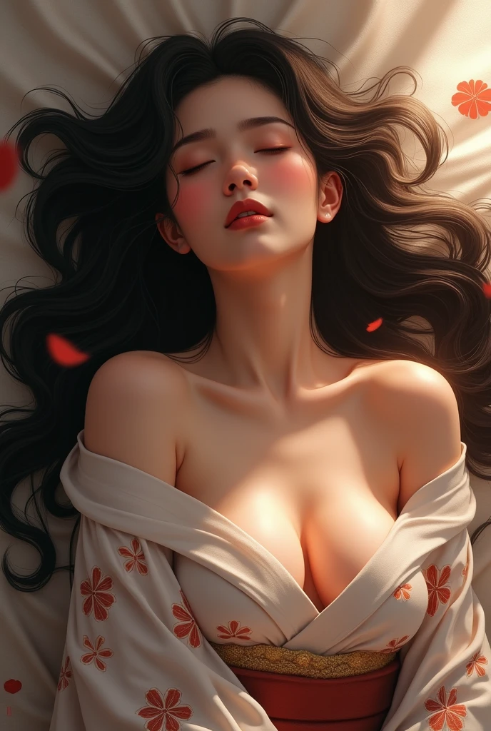 1 mature woman with black long sleek hair with flat bangs (long straight hair) (hair flying on the air) (pink eyes), green princess clothes (pink color), (masterpiece), soft sun light, (incredibly colorful), lightning falling on the ground, soft light on her face, (ultra high quality), (8K quality), depth of field, ambient lighting, ((soft detail)), lily flower field background (lily flower petals flying on the air), she is laying in the middle of flower field ((laying down pose)) ((looking up while laying)), view from top down, white lighting effects, (realistic: 1.3), (max sharp) (detailed face) (detailed eyes), detailed lighting, perfect shadow, Masterpiece, best picture quality, nature landscape full of delicate leaves, petals of various colors slowly falling in the air, lighting excellent enough, overall picture quality very detailed and realistic, best illustration and best shadow effect.