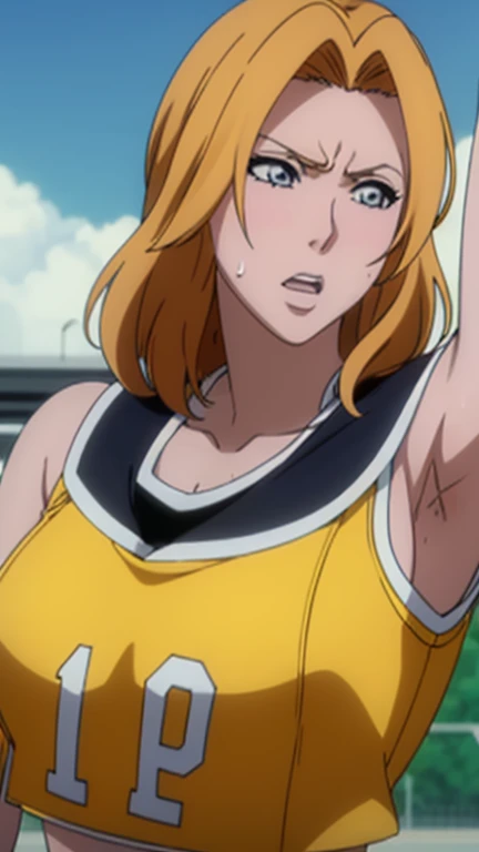 a close up of a person wearing a basketball uniform, a picture, inspired by Kentaro Miura, trending on pixiv, Rangiku Matsumoto, Bleach, wearing yellow nba jersey, yellow croptop nba jersey, wearing a low cut croptop, wearing croptop, croptop, the words "Lakers" written on the croptop, golden raito, (winking), shirobako, large)}], favorite scene, fine details. anime. skins, sweating, big breasts, both hands raised, armpits, armpits visible, dripping with sweat, more more sweat, sweaty armpits