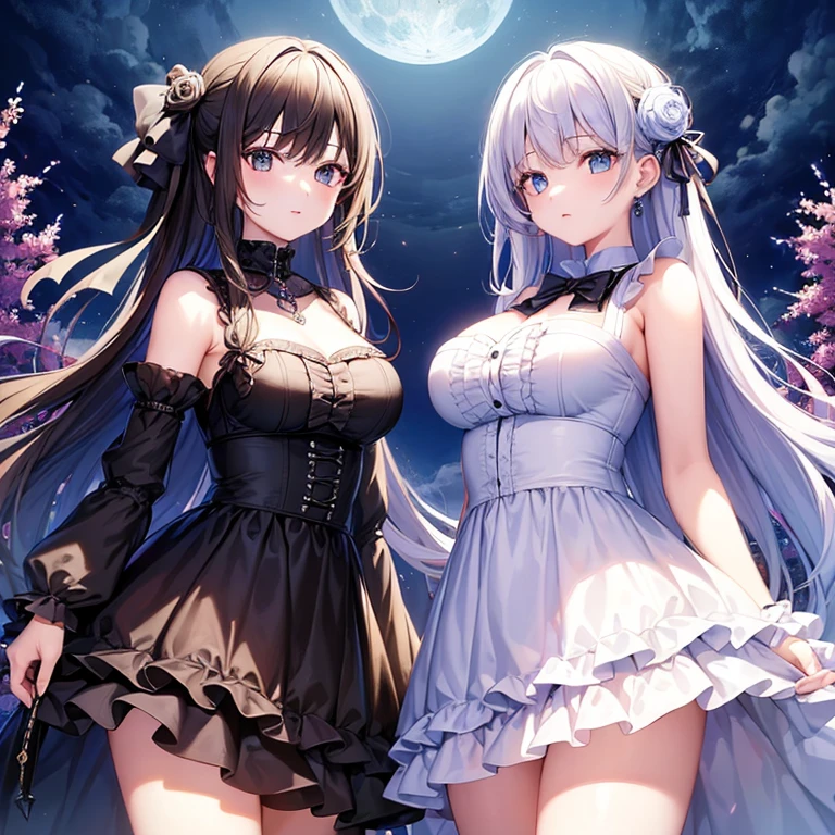 NSFW, masterpiece, highest quality, figure, 1 girl, gothic dress, cute face, terrible face, middle teen, Night sky with stars and moon, long hair, skirt lift, show off pussy, topless, vagina, pussy, labia minora, spread your legs, Upleg