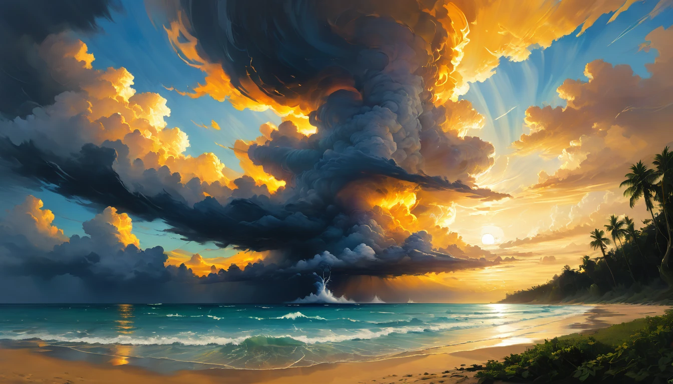 Monsoon, Miyazaki, ghibli, Moebius, craig mullins, Louis Royo, bright shimmering colors, hyperrealistic oil painting, clouds, epic,