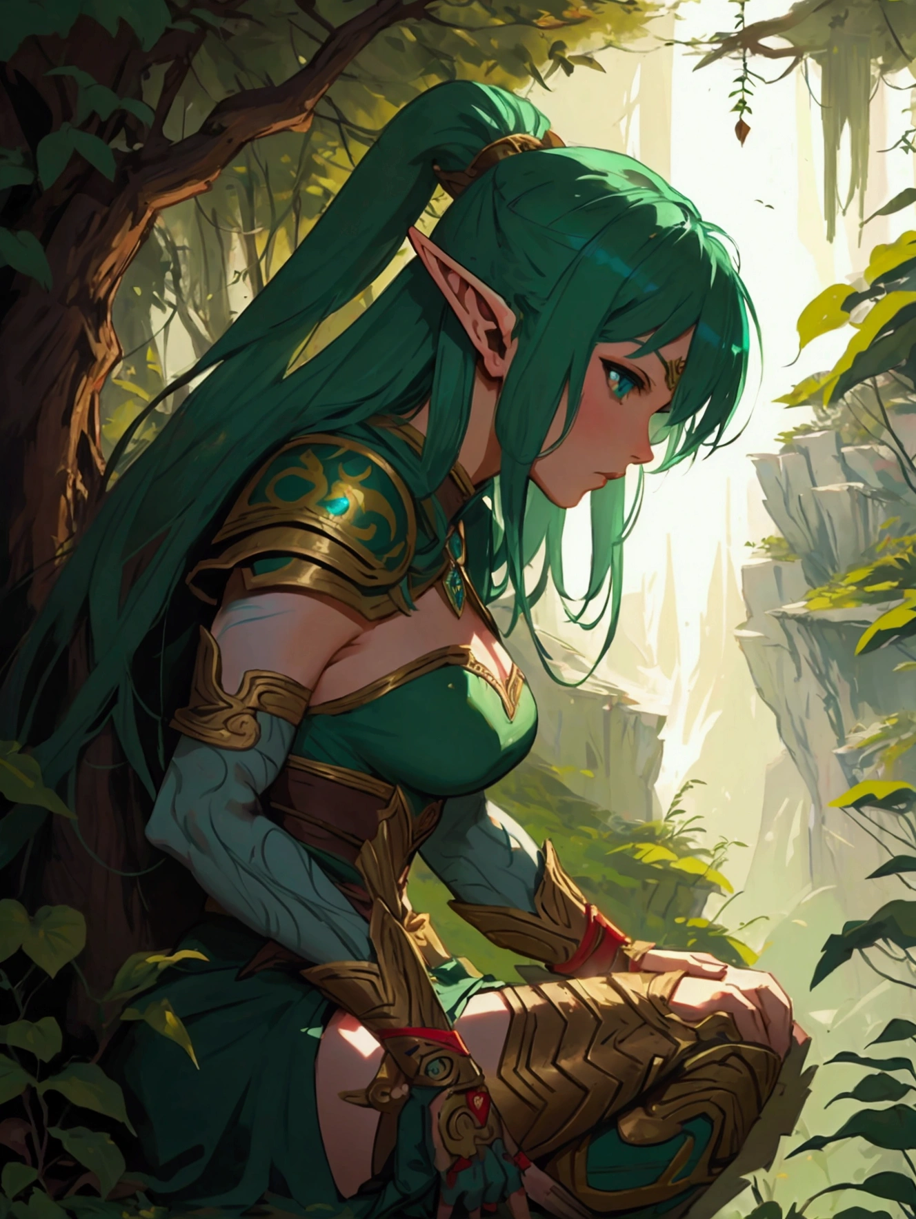 Gorgeous goblin girl with green skin big pointy ears and captivating smile. Wears earthy tribal attire that clings to her voluptuous feminine body and black boots. She explores a whimsical swamp on a golden lit autumn day