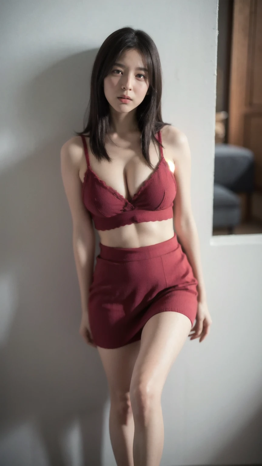 A highly realistic and detailed image of a young Chinese woman, around 23 years old, with huge saggy breasts, white skin. She has straight, shoulder-length black hair and stands confidently in front of a modern coffee shop on a sunny day. She is 160 cm tall with a well-toned and curvy figure, dressed in black high heels, a fitted red puch bra that reveals her navel and subtle cleavage, and a vibrant red black draped over her shoulders. Wearing a short min skirt, showing white and sexy tigh, A delicate butterfly tattoo is visible on her left breast. She smiles warmly while holding a steaming cup of coffee, with her black-painted nails visible on both hands and feet. The scene captures the welcoming atmosphere of the coffee shop's outdoor patio, with natural light highlighting her features and the details of her outfit.
