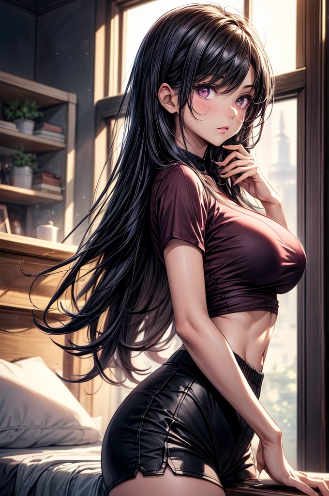 (Sketch)), ((Watercolor)), ((best quality)), ((masterpiece)), (detailed), 4k image, anime style, tanned white skin, beautiful young girl, sharp facial features, arrogant and disdainful expression, oval shaped face, full cherry pink lips, big round and mesmerizing velvet colored eyes, D-cup breasts, slender and curvy body, crop top T-shirt, dolphin shorts, Flowing Sleek dark violet-black hair , small narrow waist, full curvy hips, tall height(175cm), natural indoor background with a bed and desk, casting gentle shadows, casual and slightly intense atmosphere, low angle, sharp focus on the subject, no motion blur, well-lit overall exposure, side view
