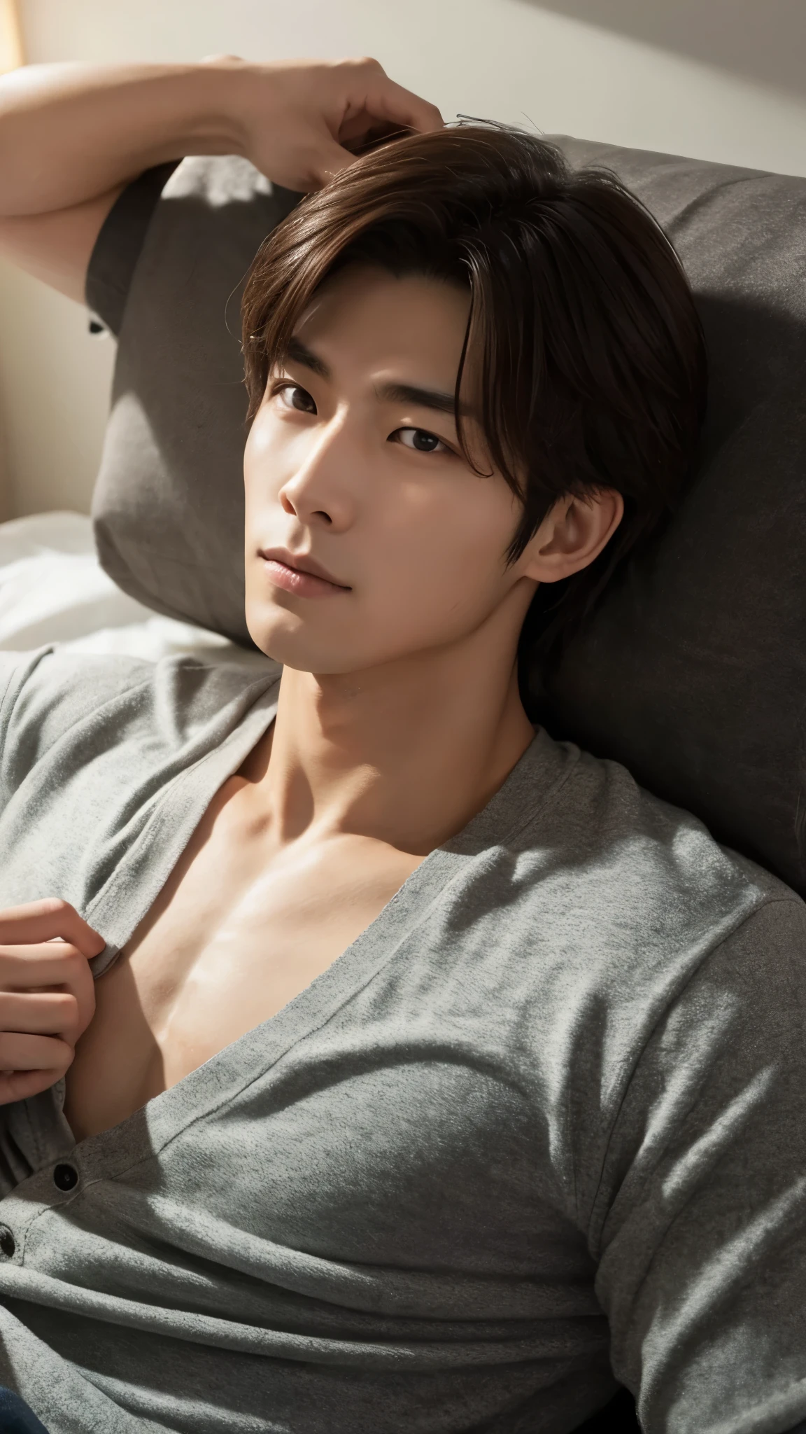 The captivating images show handsome Korean men, 32 years old、 He is barefoot and in his loungewear、Sitting on a chair in the living room, Attention to detail, This realistic portrait embodies the National Geographic style., Capture every nuance of skin texture with 8K resolution. His features stand out with pure clarity, From deep-set eyes to a chiseled jawline, Make this image a true masterpiece. life,  Highest quality, 8K Ultra HD+, Leica digital SLR camera、Jeon Jungkook