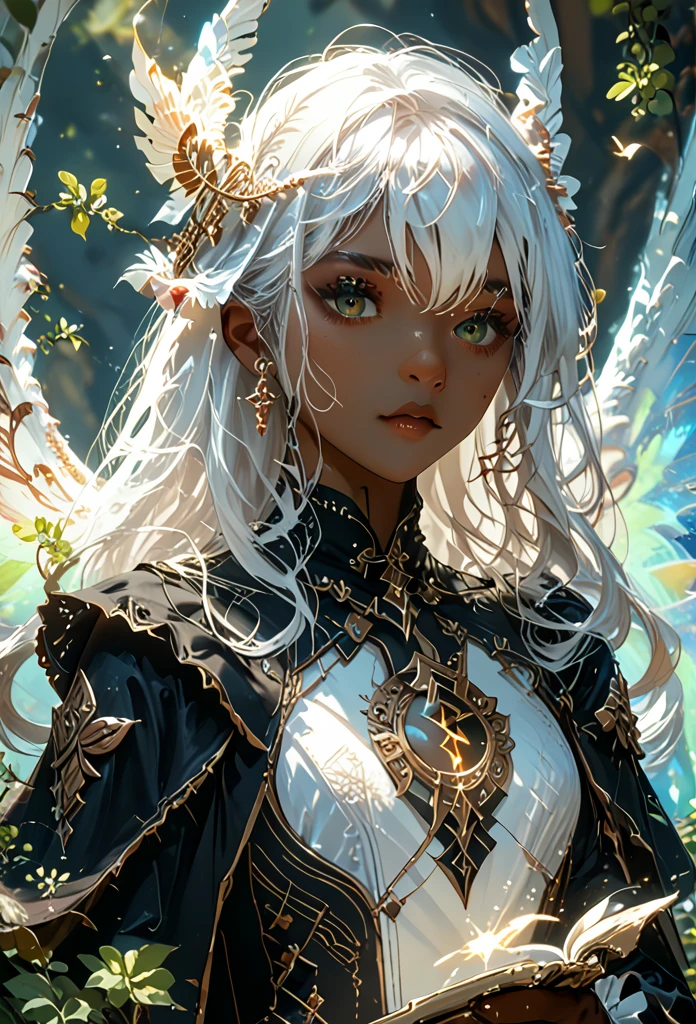 an angel brown skin woman, white wings, black dress, black cloak, long straight, white hair, Baby Bangs.  (dungeons and dragons art), (fantasy), (defined lines), (flat saturated colors), (cinematic composition), (perspective), (scketch style)