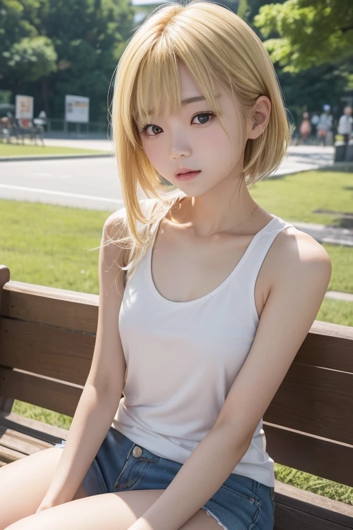 (((masterpiece))), best quality, expressive eyes, perfect face, weiss schnee, hair ornament, completely nude, nude, petite, small breasts, nipples, pussy, outside, park, sitting, sitting on park bench, legs apart, pussy visible, ((pussy juice)), (pussy juice drip), dripping wet pussy, (pussy juice puddle), smile, blush, blue eyes, white hair, ponytail, scar over one eye, happy