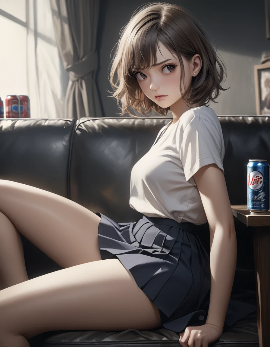 1girl, career woman in her 30s, short permed hair, navy skirt, tired expression, taking a canned beer from fridge, holding beer can in right hand, sitting on black sofa with legs spread 140 degrees, arms on sofa back, angry facial expression, (best quality,4k,8k,highres,masterpiece:1.2),ultra-detailed,(realistic,photorealistic,photo-realistic:1.37),highly detailed portrait, dramatic lighting, cinematic mood, muted color palette, oil painting style