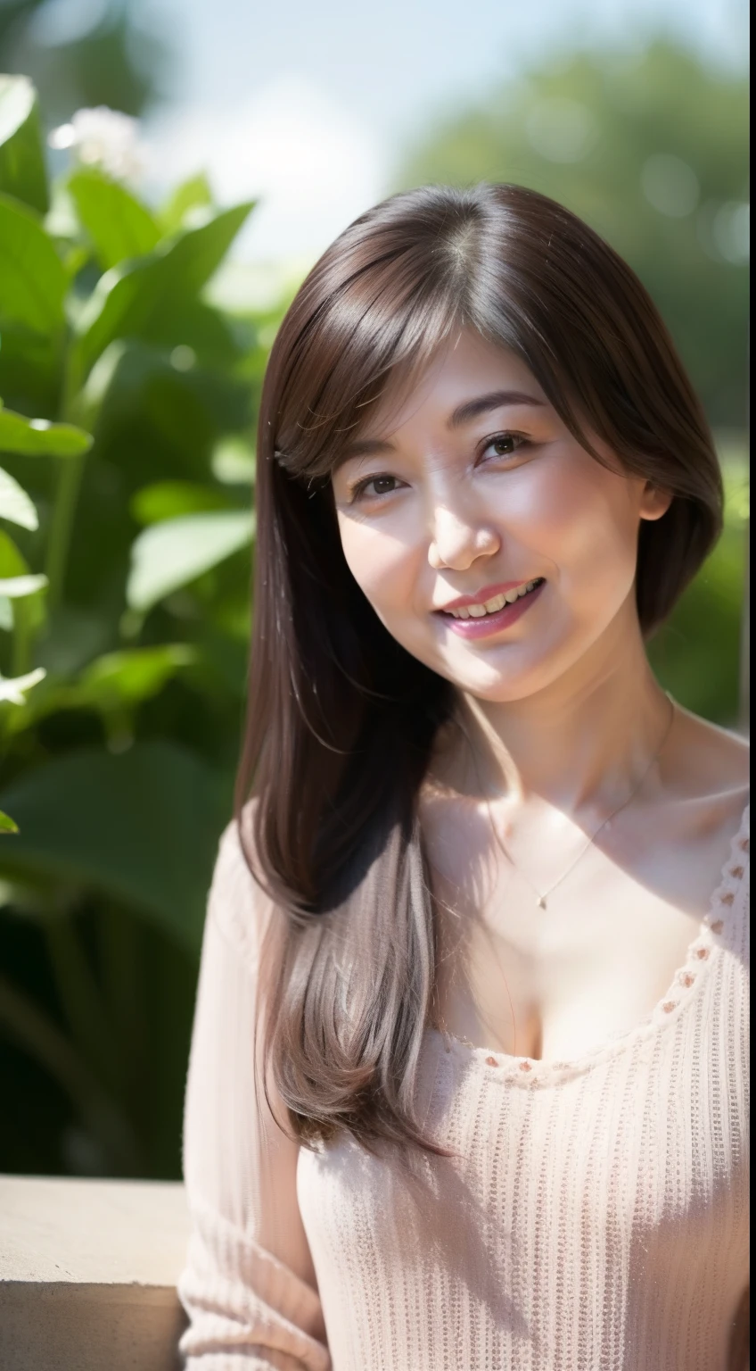 ((highest quality)), ((8K)), ((masterpiece:1.3)), (perfect appearance), (photorealism:1.2), ((Woman strolling in park)), Large park with beautiful grass, (Intense natural light brightens the area), (clear sky:1.2), japanese woman, 47 years old, married woman, facial wrinkles:1.2, wrinkles around the eyes:0.8, tear bags around the eyes, double eyelid:1.2, long hair, (straight hair), smiling with the corners of the mouth raised, (T-shirt with open neckline), (Flare pants that fit around the waist:1.2), (small breasts:1.2), (small breasts), (Hard and erect nipples:1.2), ((whole body)), Focus on the woman from the angle from her feet, focus on face,