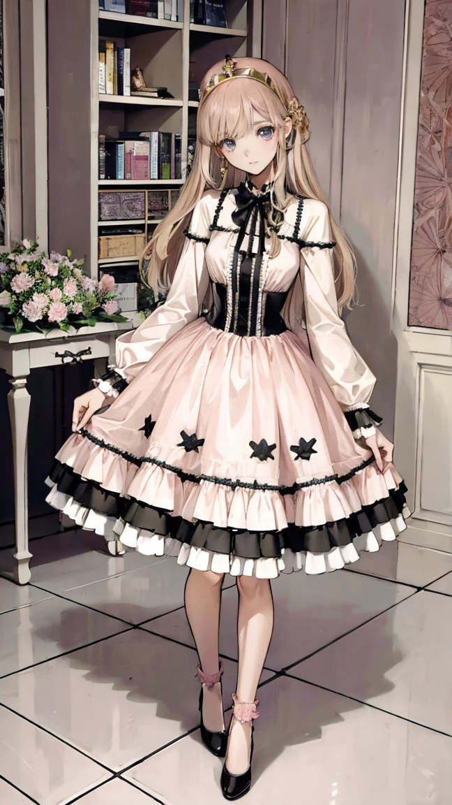 (Highest quality,4K,High resolution,masterpiece:1.2),Very detailed,Realistic:1.37,,、((Pink Dress)), Hyperrealistic photo of a girl in a majestic light pink and gold ball gown dress, Big beautiful dress, Lots of frills and rhinestones、Intricately voluminous ball gown (Highest quality, Tabletop, Art Station, Fantasy art:1.2), 美しいcute***, (Long blonde curly hair:1.1), (Intricate short gold skirt, Full Body Shot)、Anime Style、Storytelling、、Beautiful girl、とてもcute天使、Pink Gothic Dress、cute、Baby Face、smile、Long Skirt、,Black long boots、Highest quality, masterpiece, 最High resolution, artwork, super それにGet used to it, many Get used to it, Get used to it, それにGet used to it, woman, ,((Pink Victorian Voluminous Ball Gown Dress)),Long dress,A dress with lots of frills and ribbons..Wearing a tiara on her head,luxury,One person, Pink brown hair,Pink Eyes、Pink World,(A girl wearing a pink princess skirt),Pink Hair,pink bedroom layout,Pink Bed,Pink mosquito net,Pink furniture,Pink color palette,(zenTangle, Mandala, Tangle, enTangle:0.6),(Making Art),The most beautiful chaotic shapes,Beast Design,behind,Pink High Heels,Perfect hands,
