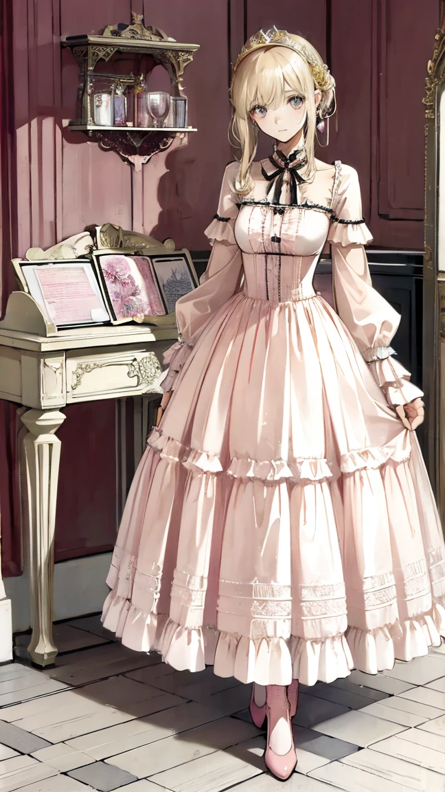 (Highest quality,4K,High resolution,masterpiece:1.2),Very detailed,Realistic:1.37,,、((Pink Dress)), Hyperrealistic photo of a girl in a majestic light pink and gold ball gown dress, Big beautiful dress, Lots of frills and rhinestones、Intricately voluminous ball gown (Highest quality, Tabletop, Art Station, Fantasy art:1.2), 美しいcute***, (Long blonde curly hair:1.1), (Intricate short gold skirt, Full Body Shot)、Anime Style、Storytelling、、Beautiful girl、とてもcute天使、Pink Gothic Dress、cute、Baby Face、smile、Long Skirt、,Black long boots、Highest quality, masterpiece, 最High resolution, artwork, super それにGet used to it, many Get used to it, Get used to it, それにGet used to it, woman, ,((Pink Victorian Voluminous Ball Gown Dress)),Long dress,A dress with lots of frills and ribbons..Wearing a tiara on her head,luxury,One person, Pink brown hair,Pink Eyes、Pink World,(A girl wearing a pink princess skirt),Pink Hair,pink bedroom layout,Pink Bed,Pink mosquito net,Pink furniture,Pink color palette,(zenTangle, Mandala, Tangle, enTangle:0.6),(Making Art),The most beautiful chaotic shapes,Beast Design,behind,Pink High Heels,Perfect hands,
