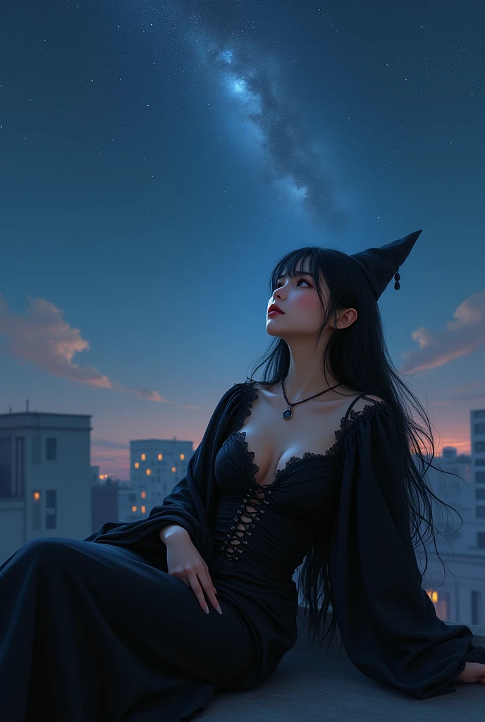 An extremely beautiful demon girl, her eyelashes were white and she had crystal blue eyes her skin was dark blue, her hair was short and white as snow, she has small horns and a big tail, with a black sweatshirt and a short white skirt. Sitting on top of a building at the top of the city and it was night with the bright moon and stars in the sky. She had pink tattoos on her body. With a seductive smile and a seductive cross-legged pose.