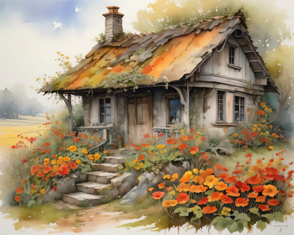 Painting of a house with a thatched roof and flowers - SeaArt AI