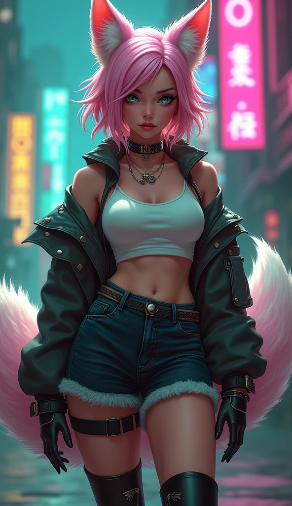 oh, league of legend, Sexy, wallpaper, Detailed eyes, キツネof耳, (キツネofしっぽ), skirt, (長いピンクof毛皮), 中くらいof胸, Staring_Location_Staringl espectador, short_hair, gloves, belly button, fail, green_There are eyes, 永遠of, full_body, arms, footwear, necklace, Black_gloves, pulp, Hooded, hair_Overcoming_Yoon_There are eyes, cultivator_そof上, hoodie, Black_pants, sneakers, cut_Jacket, Cyberpunk Character, cut_hoodie, 14 to,((Color Cyan Yellow Magenta, Green-violet:1.6)),Dynamic action poses, Anatomically correct:1.4,of_Deep Negative_v1_75t, Rita_Umbral Rose