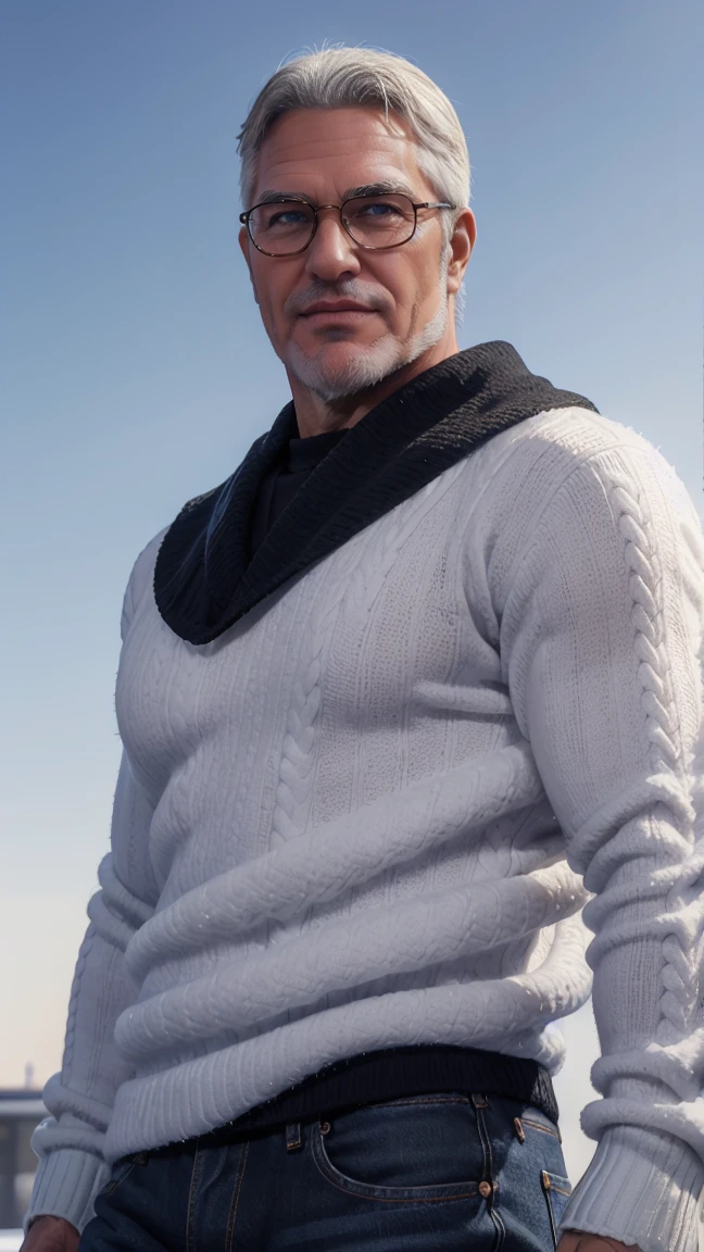 sfw, 1man, middle aged, 61 y.o, handsome, white graying edges, crew cut hairstyle, white beard, white mustache, friendly smile, wearing glasses, shining blue eyes, prominent muscular bodyshape, BODYBUILDER BODYSHAPED, black sweater, snow-themed winter mantle, dark blue training jeans, snowy tokyo (background), evening (sky color), closer distance face against me, realistic style, ultra-realistic, hyperrealistic, hyperdetail, looking viewers, hd, high quality, 8k resolution