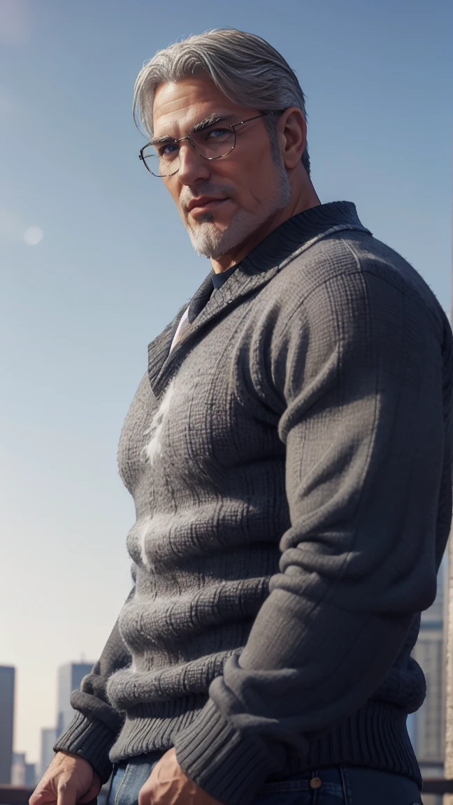 sfw, 1man, middle aged, 61 y.o, handsome, white graying edges, crew cut hairstyle, white beard, white mustache, friendly smile, wearing glasses, shining blue eyes, prominent muscular bodyshape, BODYBUILDER BODYSHAPED, black sweater, snow-themed winter mantle, dark blue training jeans, snowy tokyo (background), evening (sky color), closer distance face against me, realistic style, ultra-realistic, hyperrealistic, hyperdetail, looking viewers, hd, high quality, 8k resolution