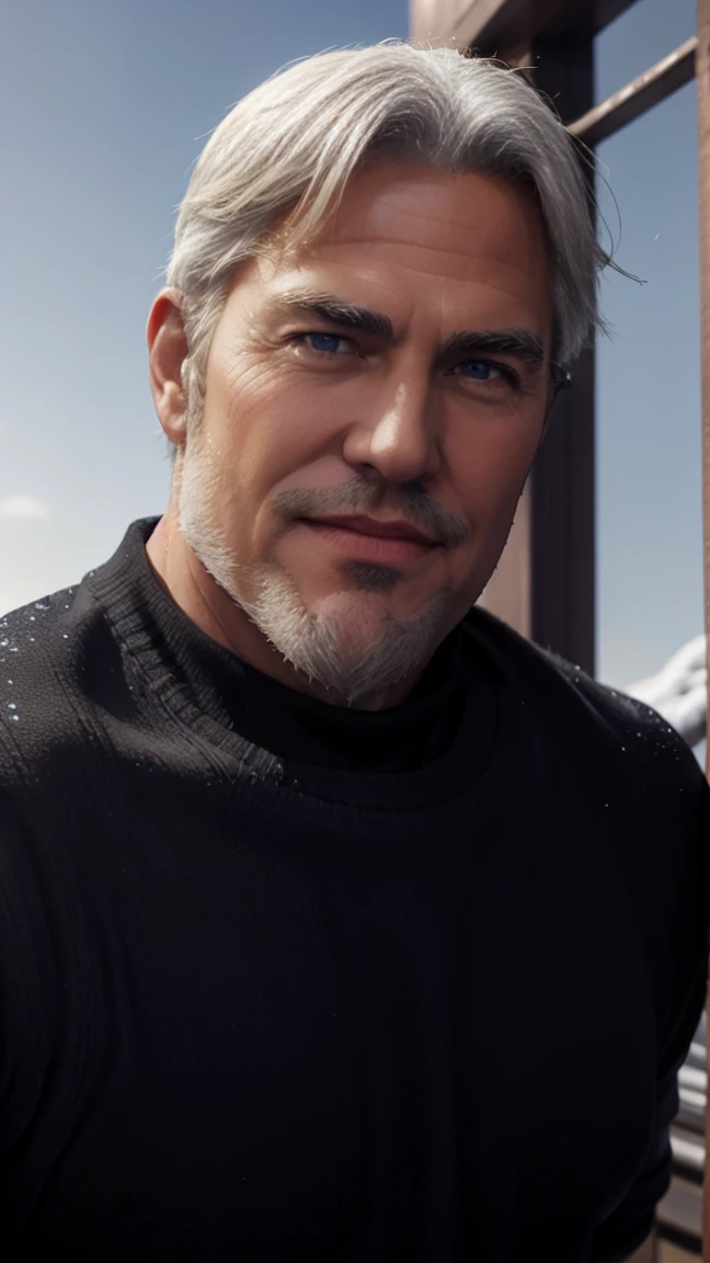 sfw, 1man, middle aged, 61 y.o, handsome, white graying edges, crew cut hairstyle, white beard, white mustache, friendly smile, wearing glasses, shining blue eyes, prominent muscular bodyshape, BODYBUILDER BODYSHAPED, black sweater, snow-themed winter mantle, dark blue training jeans, snowy tokyo (background), evening (sky color), closer distance face against me, realistic style, ultra-realistic, hyperrealistic, hyperdetail, looking viewers, hd, high quality, 8k resolution