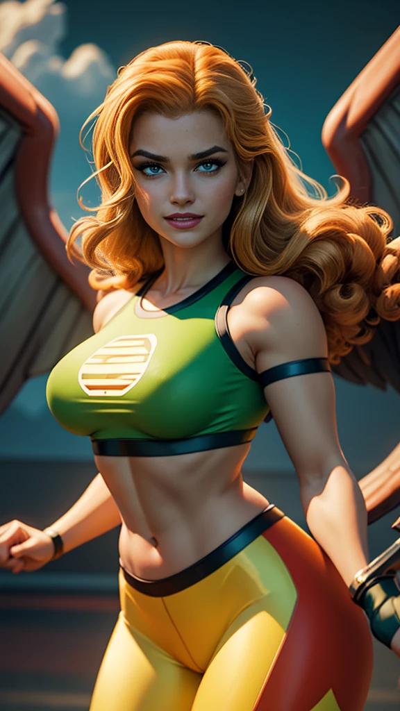 Hawkgirl da DC,(best qualityer,4K,8k,high resolution,work of art:1.2)(weather: windy), 1girl, solo girl, sky castle background, victorian hall, long curly hair, ginger hair, freckles, cropped sport shirt, tight pants, closed fists, ultra detailed wings, realistic,beautiful detailed green eyes, beautiful detailed lips,extremely detailed eye and face, long eyelashes,average,medium breasts,beaming smile, cute smile,powerful girl, bright coloured, dramatic lighting, wings wide open, hair flying,