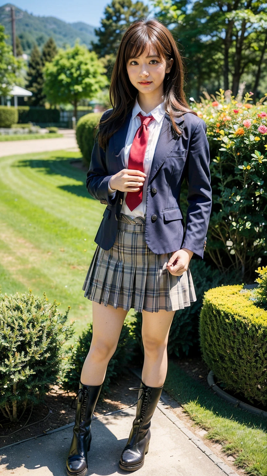 (8k、RAW Photos、Highest quality、masterpiece:1.2)、(Realistic、Realistic)、1 person、((blazer、Schoolgirl uniform、shirt、tie、チェックmini skirt、Medium Hair、mini skirt、Thin legs、boots、View from the front、Looking into the camera、garden、Stand with hands on hips))、cute