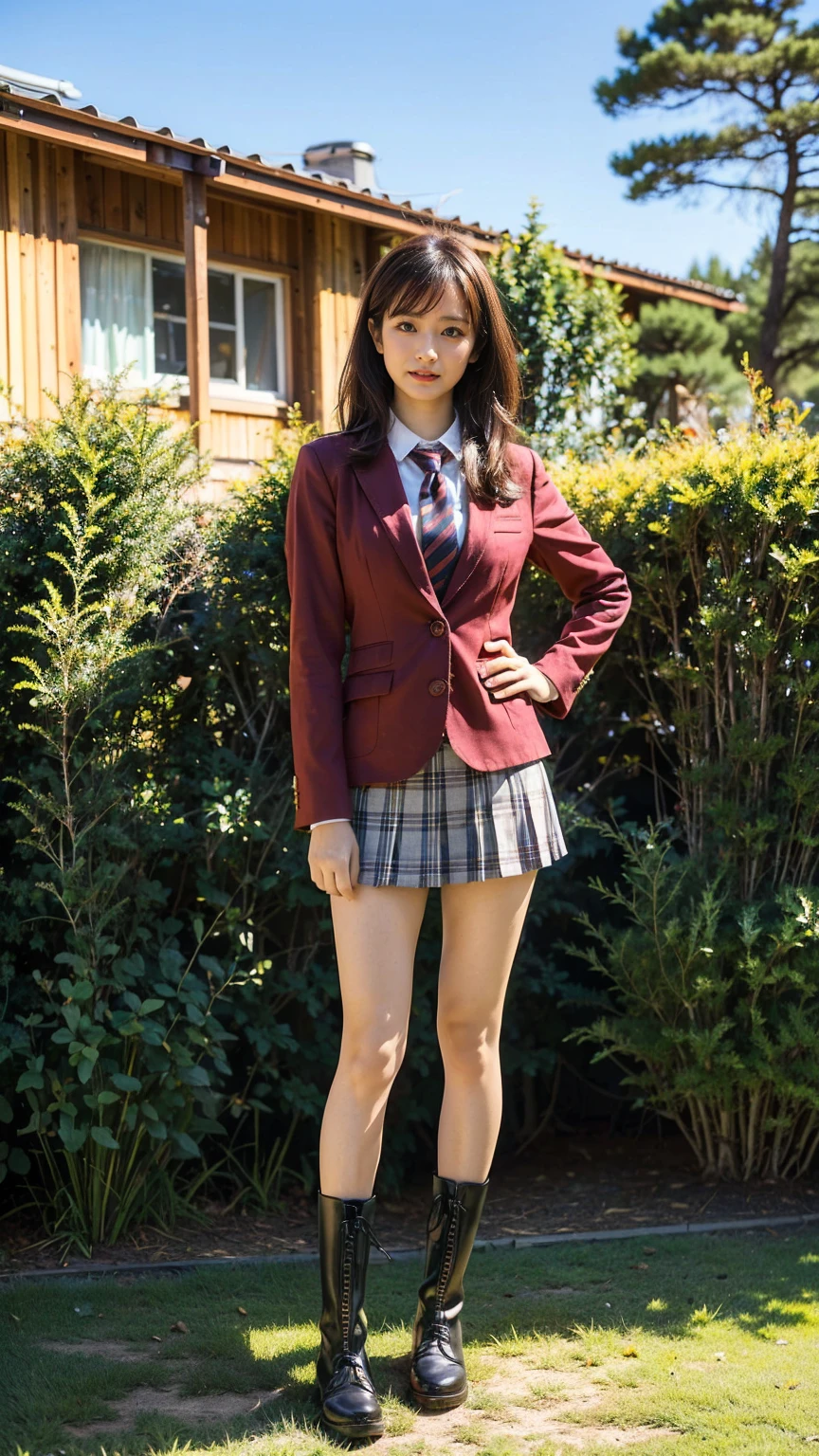 (8k、RAW Photos、Highest quality、masterpiece:1.2)、(Realistic、Realistic)、1 person、((blazer、Schoolgirl uniform、shirt、tie、チェックmini skirt、Medium Hair、mini skirt、Thin legs、boots、View from the front、Looking into the camera、garden、Stand with hands on hips))、cute