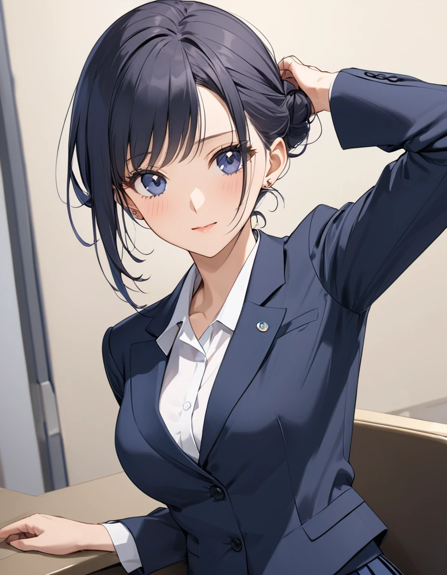 A career woman, 3, wearing a suit、Hairstyle: Short Hair Permanent、Navy blue skirt underneath、