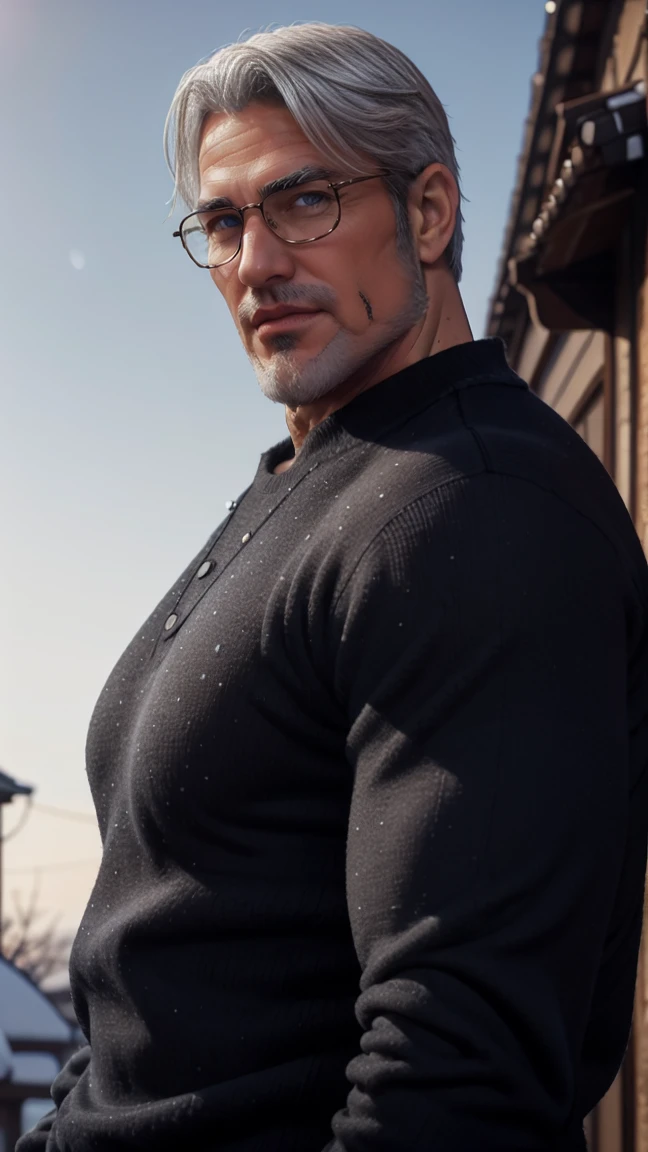 sfw, 1man, middle aged, 61 y.o, handsome, white graying edges, crew cut hairstyle, white beard, white mustache, friendly smile, wearing glasses, shining blue eyes, prominent muscular bodyshape, BODYBUILDER BODYSHAPED, black sweater, snow-themed winter mantle, dark blue training jeans, snowy tokyo (background), evening (sky color), closer distance face against me, realistic style, ultra-realistic, hyperrealistic, hyperdetail, looking viewers, hd, high quality, 8k resolution
