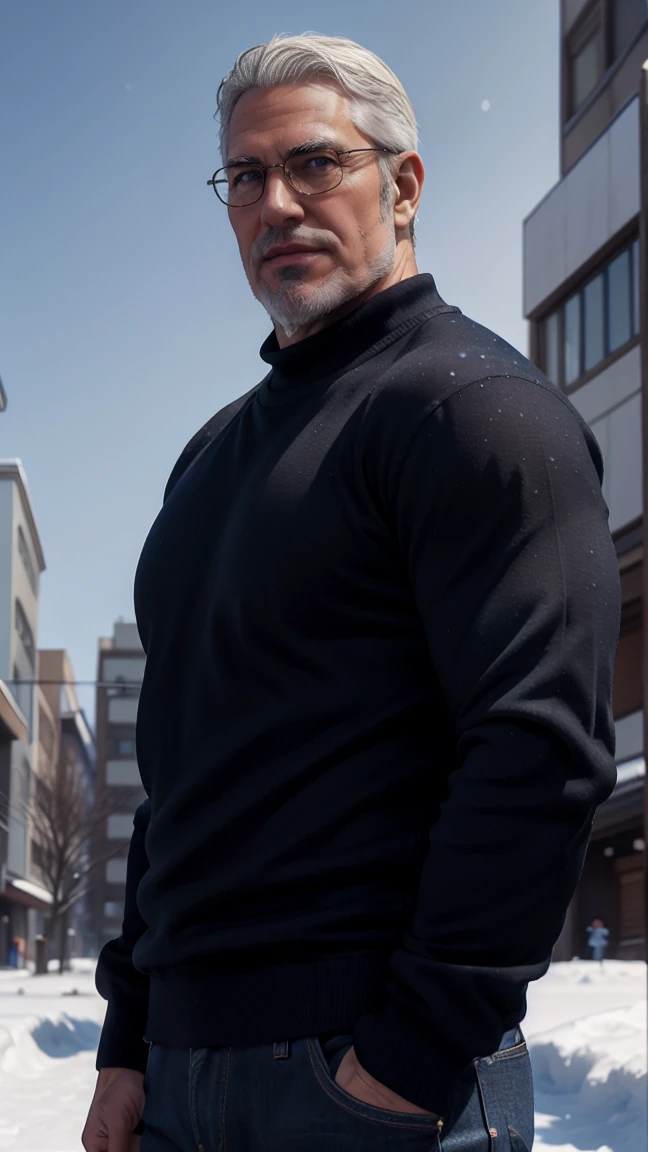 sfw, 1man, middle aged, 61 y.o, handsome, white graying edges, crew cut hairstyle, white beard, white mustache, friendly smile, wearing glasses, shining blue eyes, prominent muscular bodyshape, BODYBUILDER BODYSHAPED, black sweater, snow-themed winter mantle, dark blue training jeans, snowy tokyo (background), evening (sky color), closer distance face against me, realistic style, ultra-realistic, hyperrealistic, hyperdetail, looking viewers, hd, high quality, 8k resolution
