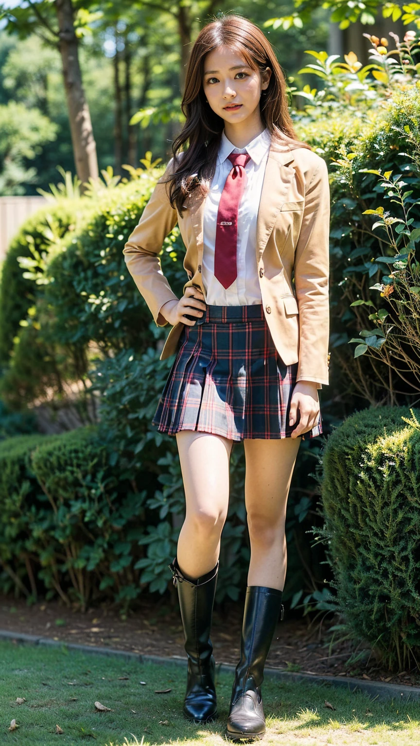 (8k、RAW Photos、Highest quality、masterpiece:1.2)、(Realistic、Realistic)、1 person、((blazer、Schoolgirl uniform、shirt、tie、チェックmini skirt、Medium Hair、mini skirt、Thin legs、boots、View from the front、Looking into the camera、garden、Stand with hands on hips))、cute