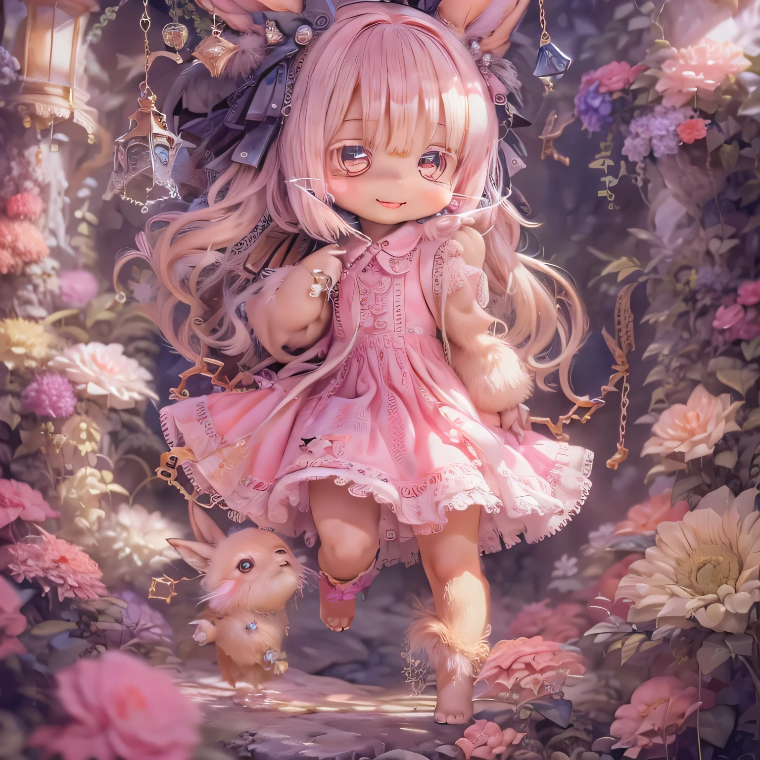 In the garden, smile, Similar to Nanachi from Made in Abyss. She is beautiful, Beautiful eyes and lips.  (((Chibi Style,))) . Image quality is excellent, Highly detailed and realistic features. The medium of this work is、Combining illustration and photorealistic rendering.. The colors are vivid、The lighting creates a warm and bright atmosphere。 whole body(((((Cute pink dress)))))Contrasting cute poses