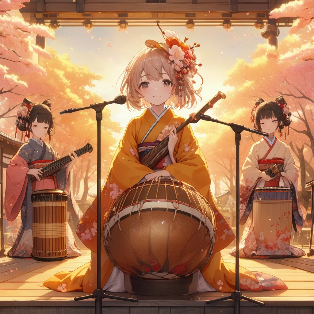 Outdoor stage with golden cherry blossoms、Japanese style musical instruments、かわいい着物を着た***達がJapanese style musical instrumentsを演奏している、High resolution, masterpiece, accurate, 最高quality, detail, High-resolution model, 高いdetail, 高quality, quality, Retina, Very detailed, Textured skin, Ultra high definition, anime, anime風, Japanese illustration style, 