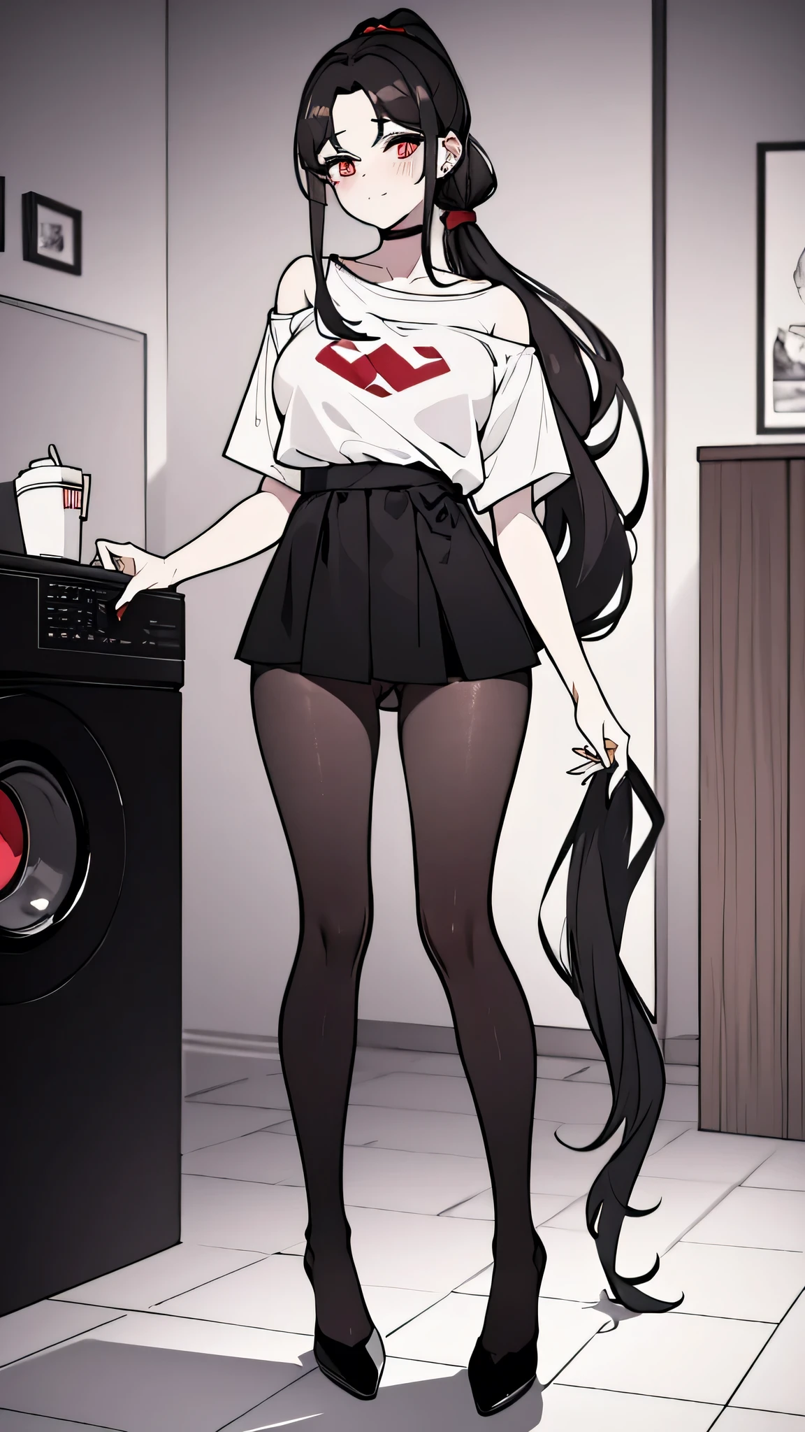 using pantimedies, Waist length wavy black hair, piercing look with deep red eyes, average stature, long black hair down to the waist, Silky hair with a ponytail hairstyle collected with a red bow with two white lines, has a vagina, has breasts, cup of breasts, small breasts, slim, foreground, Session, standing in his room, standing in his room, wearing pantyhose, using pantimedies, Picardias, neckline, looking at the viewer, lascivious smile, ((oversized t-shirt)), off the shoulders, without pants, washing machines, thighs, ((White T-shirt)), standing, hands on the hips,, shoes, blush, from below, thighs gorditos, thighs grandes, big ass, hands behind, lost look black eyes