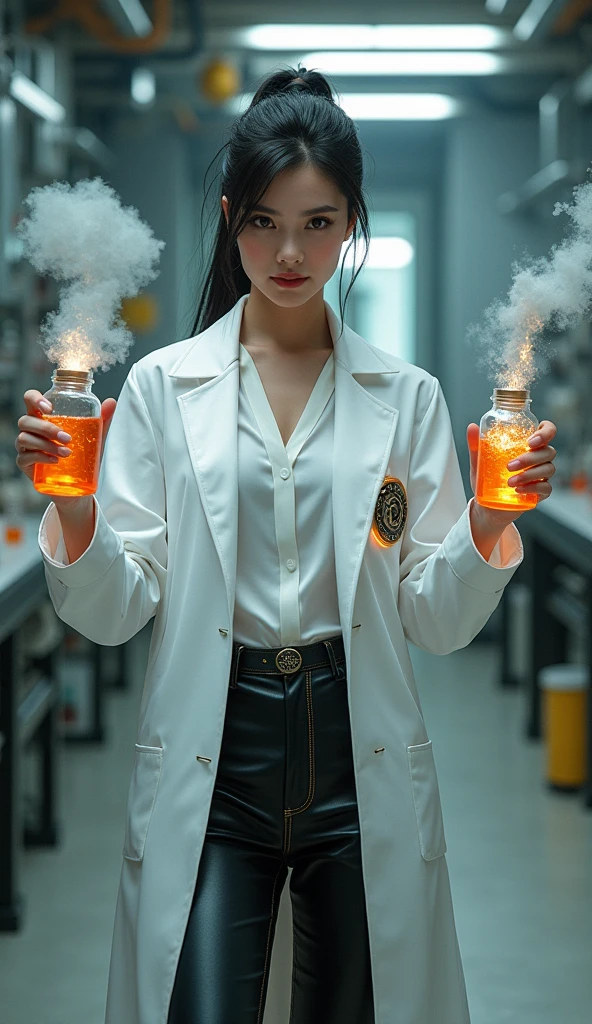 NFSW, photo-realistic, ultra-realistic, very beautiful Japanese, famous Japanese idol, 20 years old, dramatic scene, masterpiece, beautiful eyes, mad scientist, conducting a crazy experiment, (very large breasts:1.3), acrobatic pose, dynamic angle, very expressive, wearing dynamic outfits for mad scientist