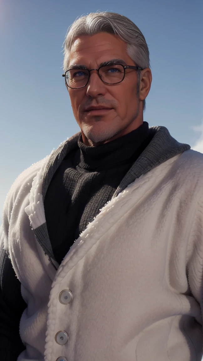 sfw, 1man, middle aged, 61 y.o, handsome, white graying edges, crew cut hairstyle, white beard, white mustache, friendly smile, wearing glasses, shining blue eyes, prominent muscular bodyshape, BODYBUILDER BODYSHAPED, black sweater, snow-themed winter mantle, dark blue training jeans, snowy tokyo (background), evening (sky color), closer distance face against me, realistic style, ultra-realistic, hyperrealistic, hyperdetail, looking viewers, hd, high quality, 8k resolution
